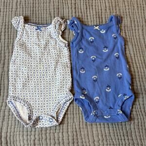 Lot of 2 Carters Onesies Sleeveless Ruffle Rompers Blue Floral Baby Girl Newborn